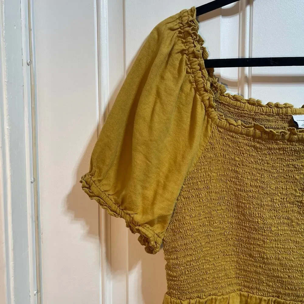 Old Navy Puff Sleeve Smocked Peplum Blouse Mustard Yellow Linen Women's Large